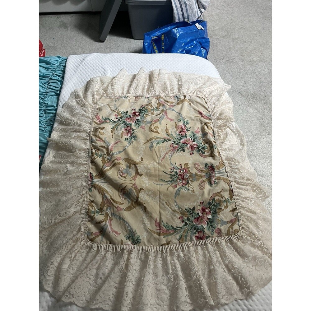 Vintage Floral Pillow Sham Ivory Lace Ruffle Cottage Granny Chic Standard